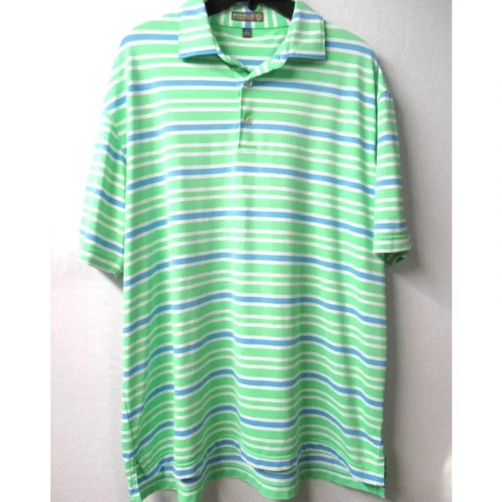 Peter Millar Summer Comfort Golf Polo Green Blue White Striped Men's Size Large